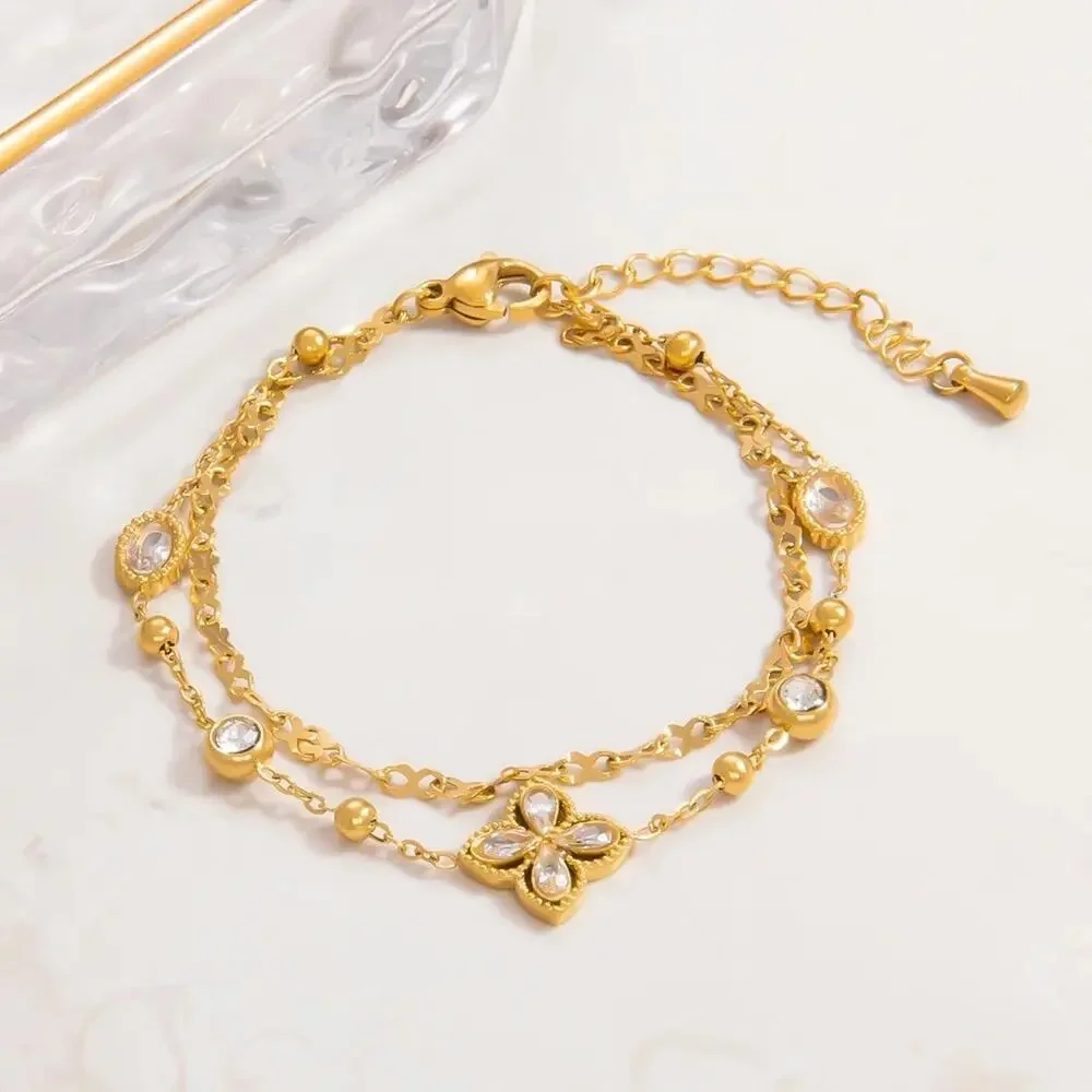 18K Gold Plated Clover Double Layered Charm Bracelet